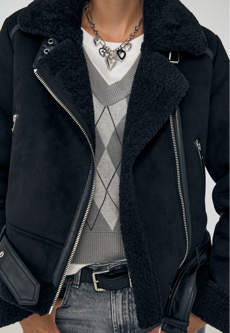 Stradivarius Giubbotto biker double face effetto camoscio  Nero M