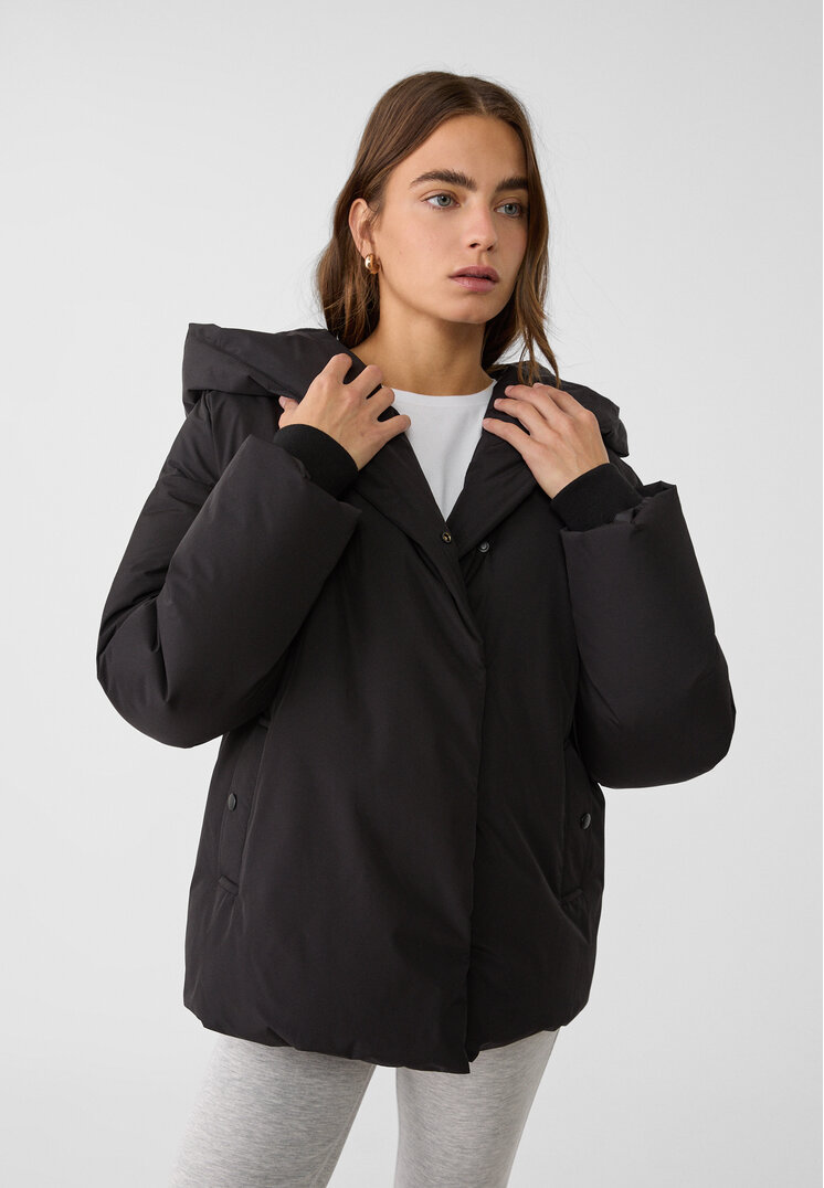 Stradivarius Geacă Matlasată Oversize Glugă Negru M