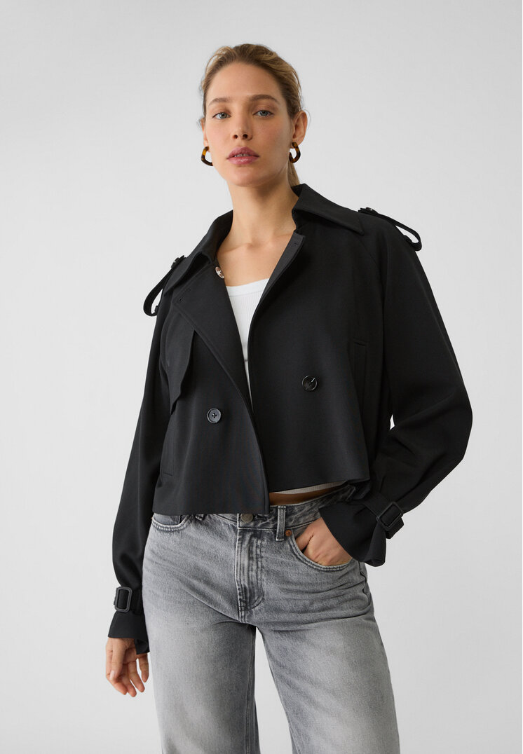 Stradivarius Trenci Vaporos Scurt Elegant Negru S