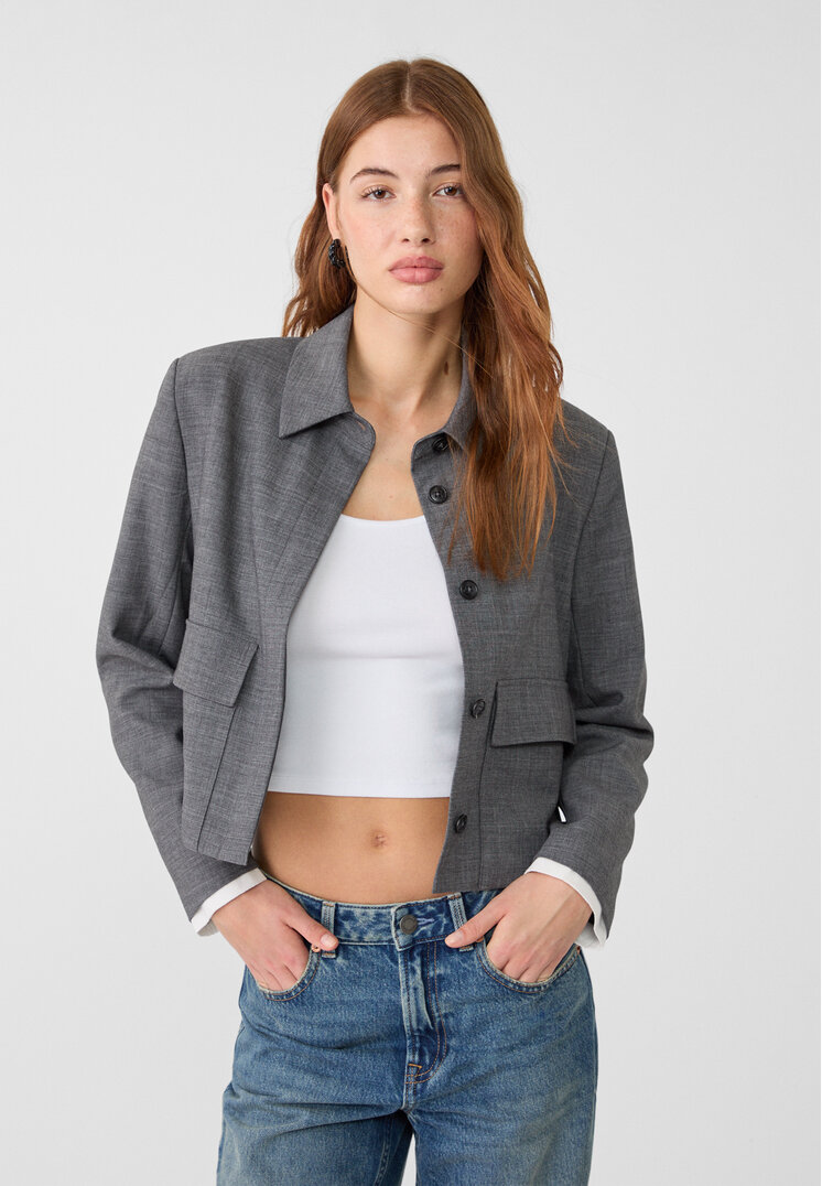 Stradivarius Geacă Elegantă Scurtă Cu Manșete Combinate Gri Mediu Xl