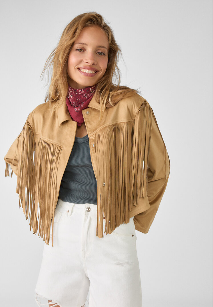 Stradivarius Overshirt Scurt Cu Imitație Piele De Căprioară Și Franjuri Auriu Închis M