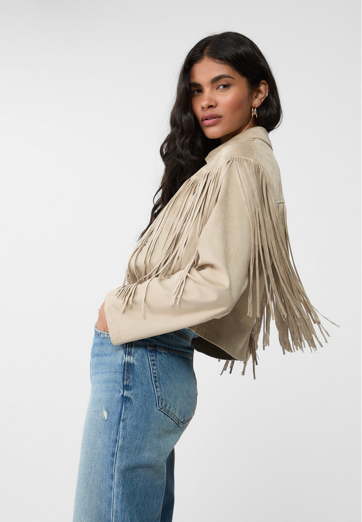 Stradivarius Overshirt Scurt Cu Imitație Piele De Căprioară Și Franjuri Piatră S