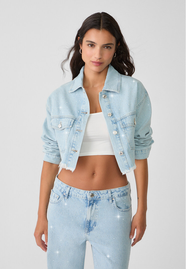 Stradivarius Geacă Scurtă Din Denim Cu Detalii Strălucitoare Denim Albastru Deschis Mediu L