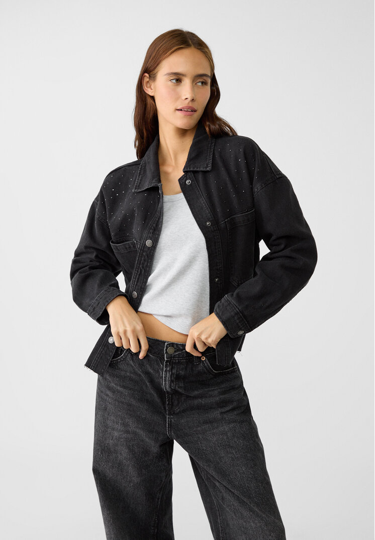 Stradivarius Overshirt Din Denim Cu Accente Strălucitoare Denim Negru S