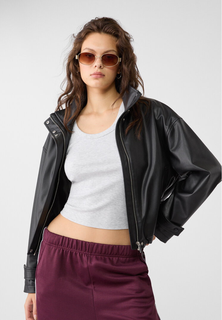 Stradivarius Geacă Cu Guler Înalt Din Imitație De Piele Negru Xs