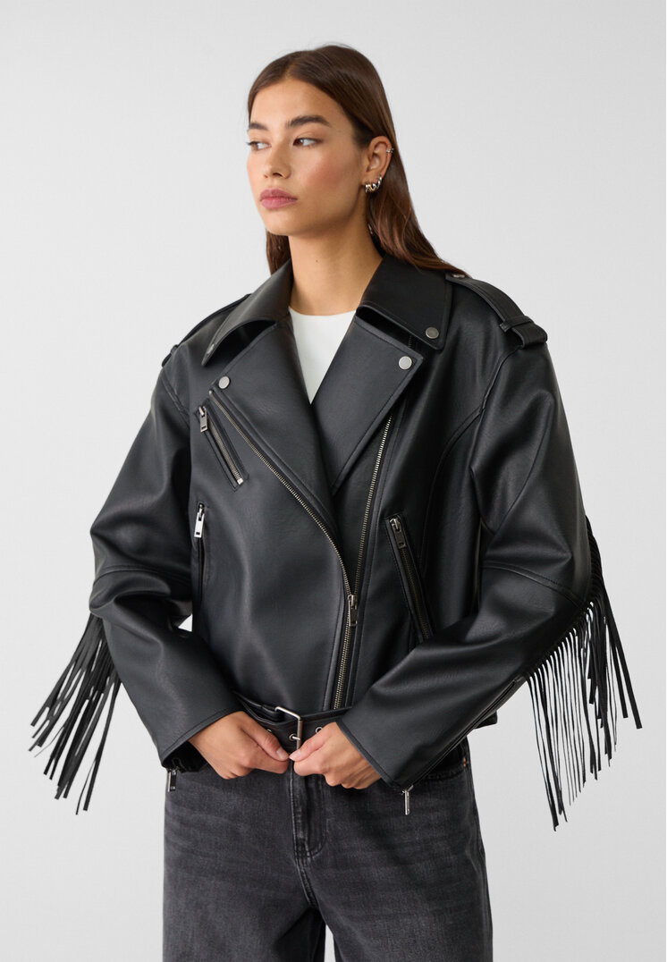 Stradivarius Geacă Oversize Din Imitație De Piele Cu Franjuri Negru M