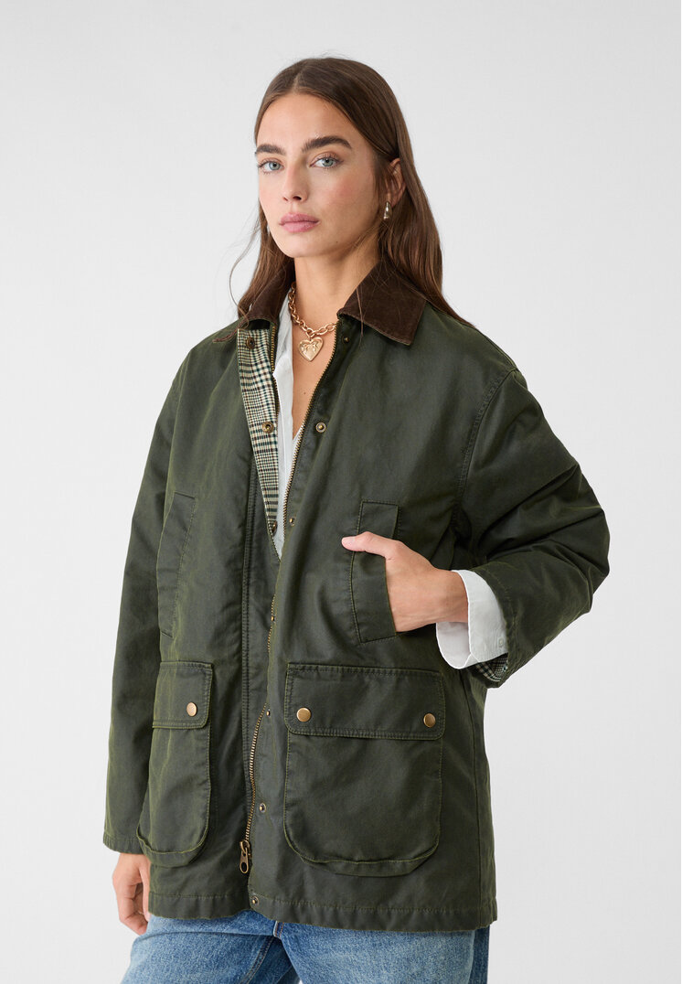 Stradivarius Parka Cerată Cu Buzunare Multiple Kaki M