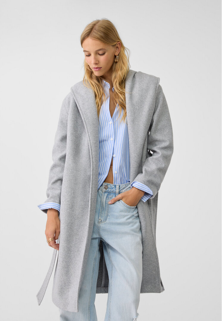 Stradivarius Palton Lung Moale La Atingere Cu Cordon Gris Amestec Xl