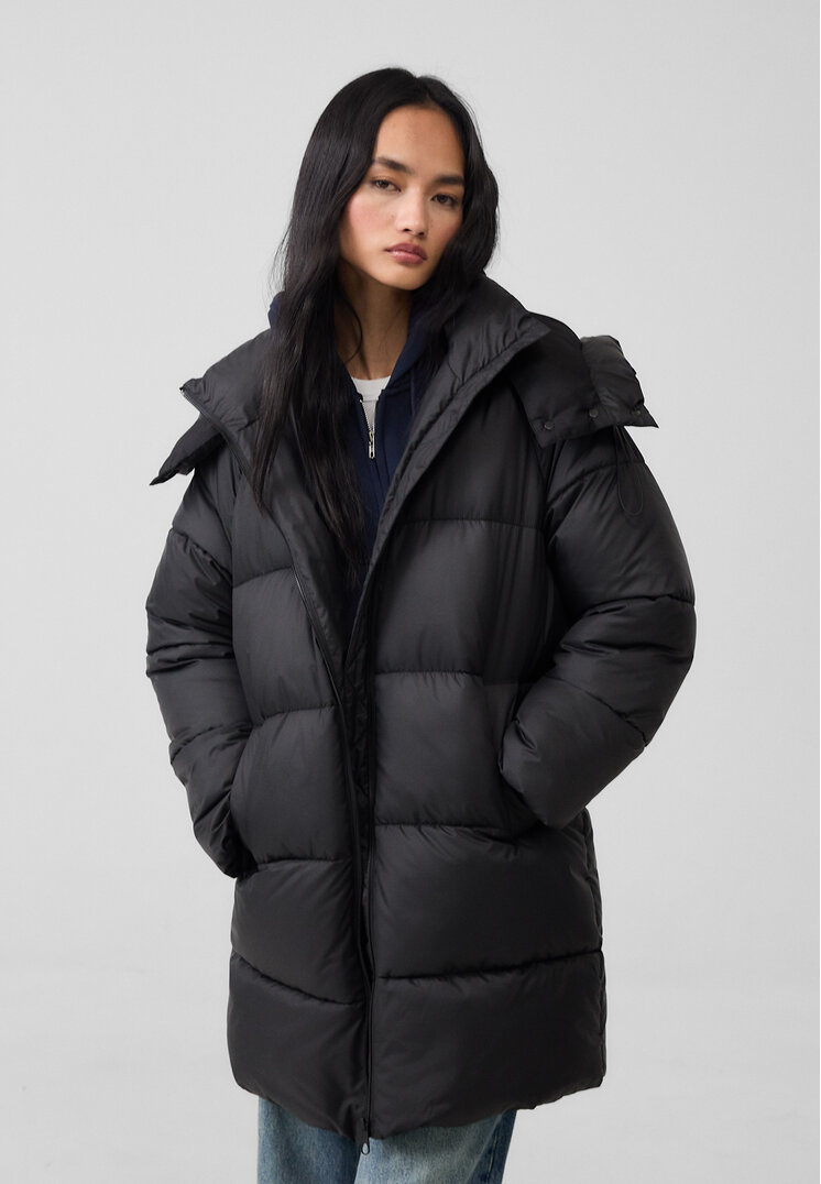 Stradivarius Palton Matlasat Regular Fit Cu Glugă Negru M