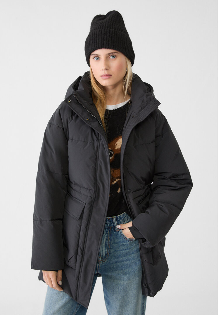 Stradivarius Palton Matlasat Regular Fit Cu Glugă Negru M
