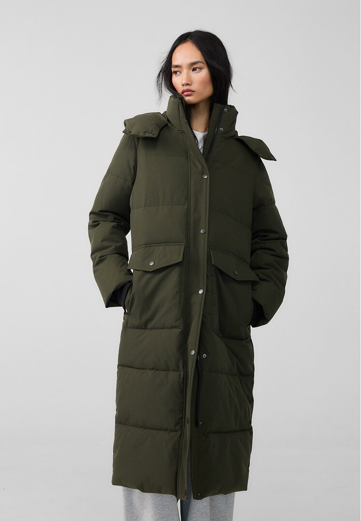 Stradivarius Palton Lung Matlasat Cu Glugă Xl