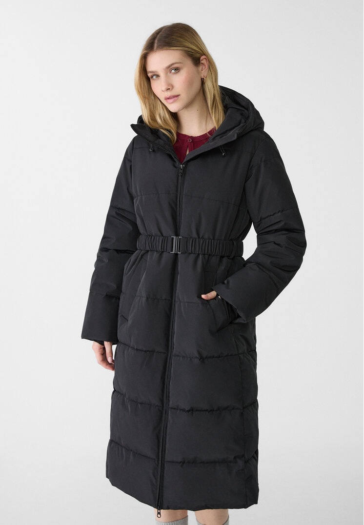 Stradivarius Palton Matlasat Lung Cu Cordon Negru M