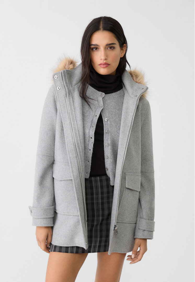Stradivarius Palton Midi Cu Glugă Din Imitație De Blană Gris Amestec L
