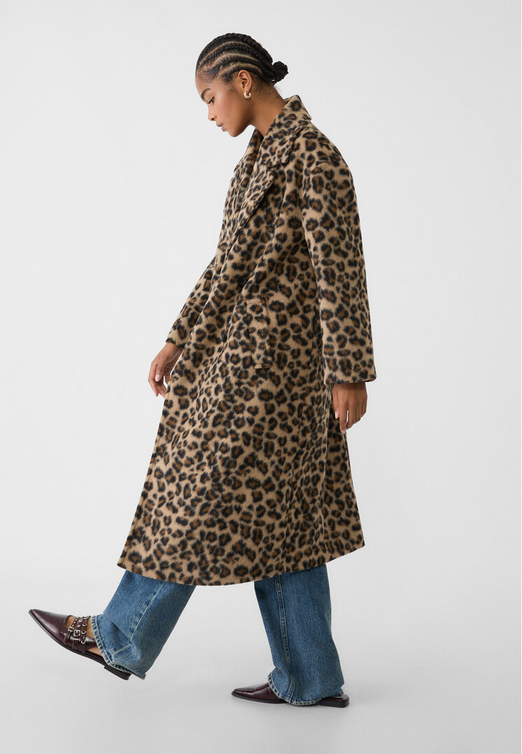 Stradivarius Palton Oversize Moale La Atingere Cu Animal Print Auriu Închis L