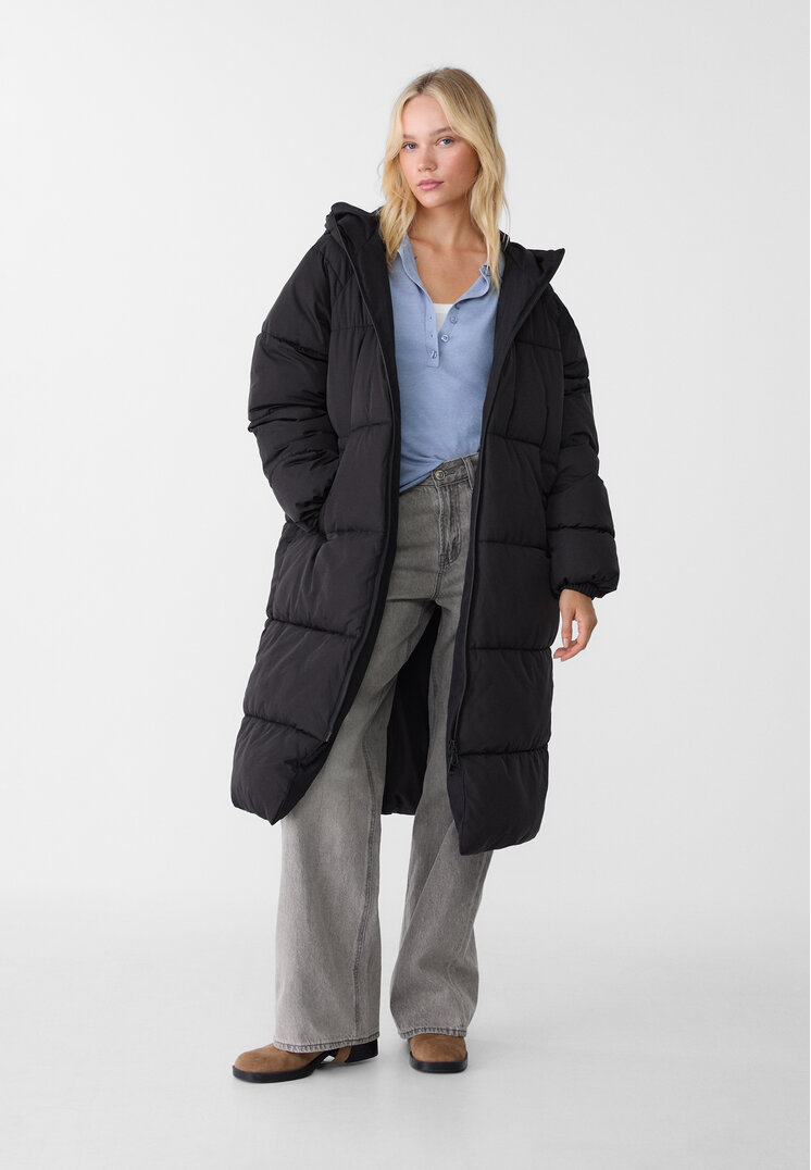 Stradivarius Palton Padding Lung Negru Xl