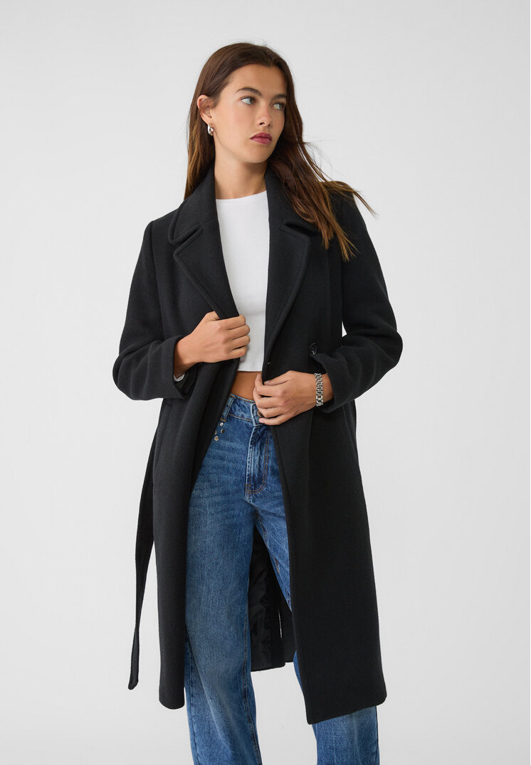 Stradivarius Palton Din Stofă Cu Cordon Negru L
