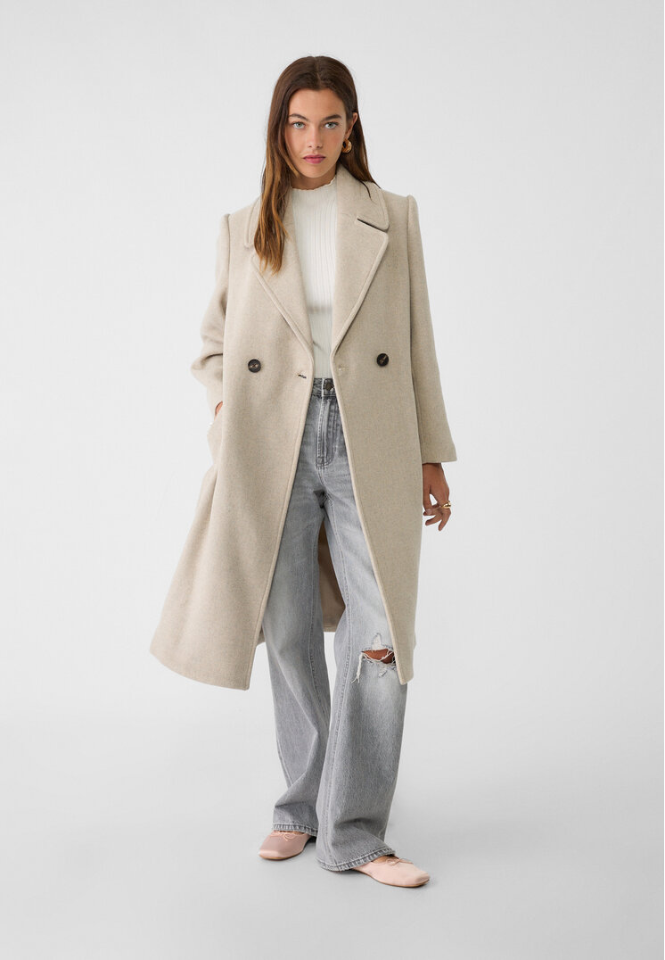 Stradivarius Felt texture coat with belt  Ecru S