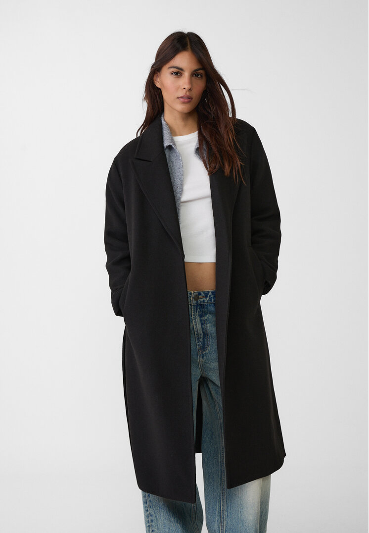 Stradivarius Palton Midi Cu Cordon Negru S
