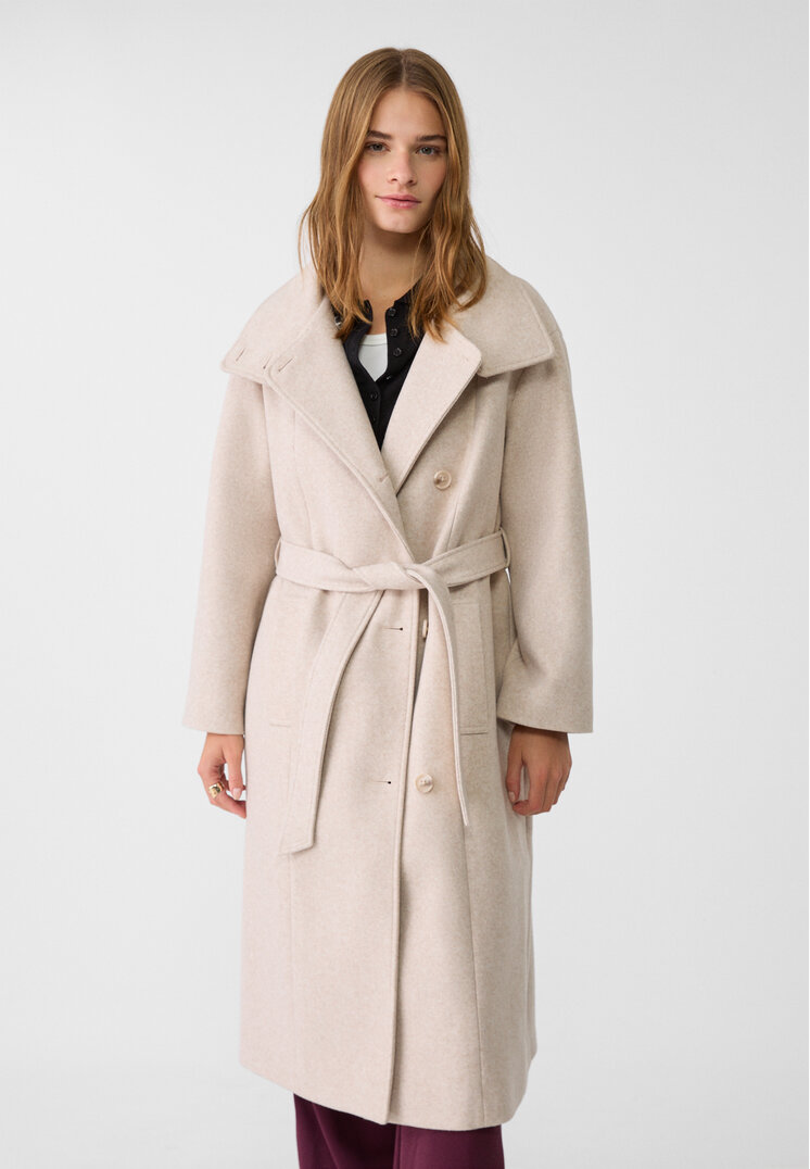 Stradivarius Palton Lung Cu Cordon Ecru L