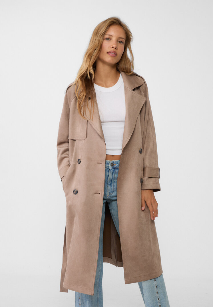 Stradivarius Trenci Lung Din Imitație Piele De Căprioară Caramel Xs