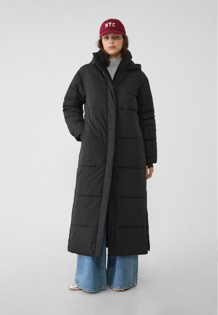 Stradivarius Palton Matlasat Foarte Lung Cu Glugă Negru L