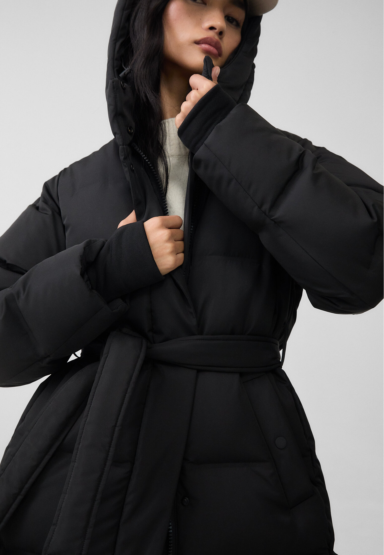 Long puffer jacket with belt deals