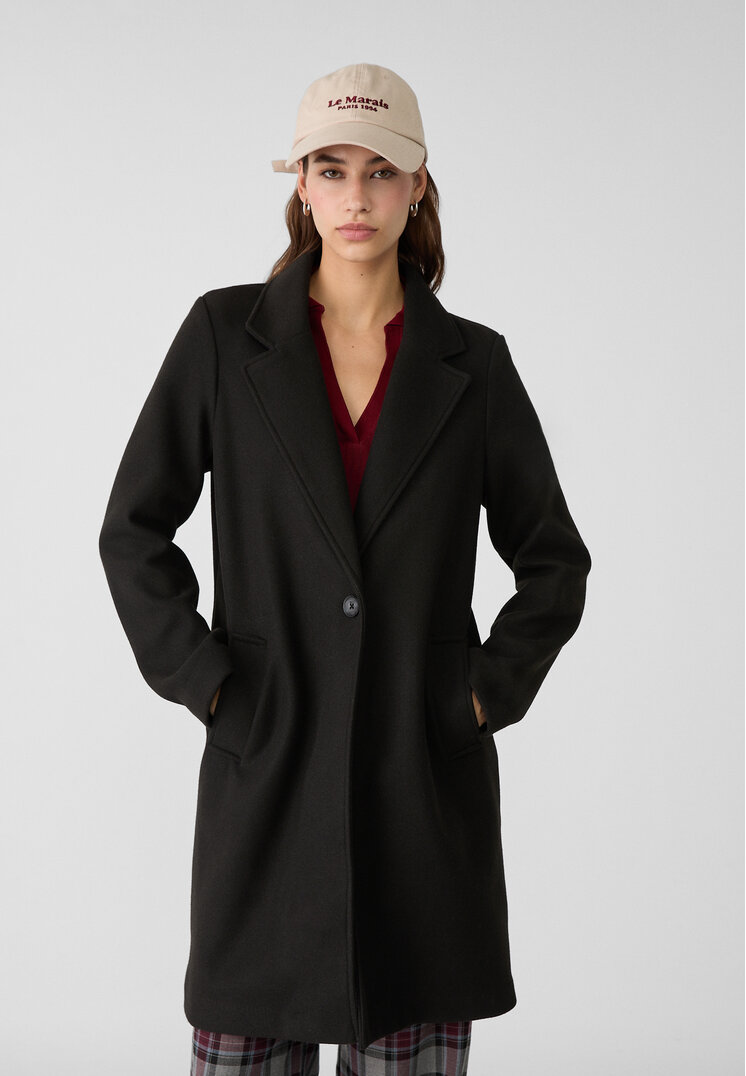 Stradivarius Palton Midi Moale La Atingere Cu Nasture Negru S