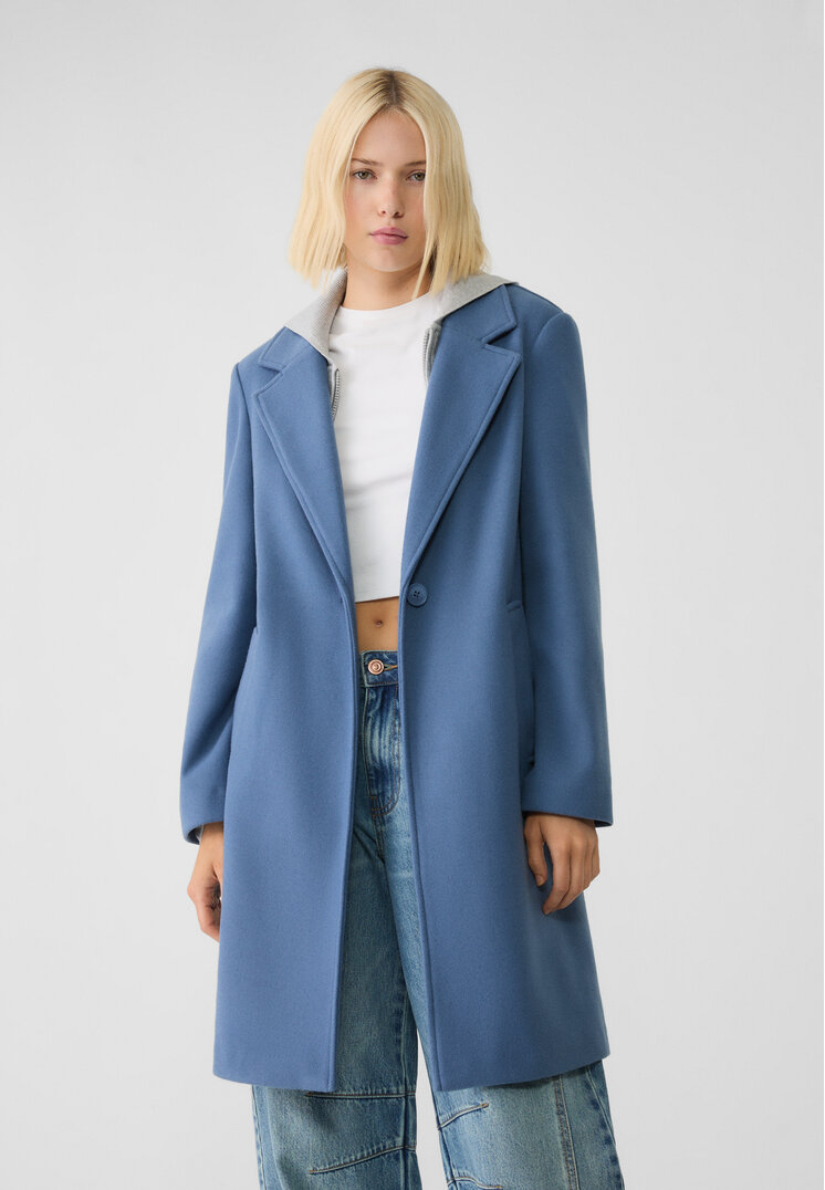 Stradivarius Palton Midi Moale La Atingere Cu Nasture Indigo L