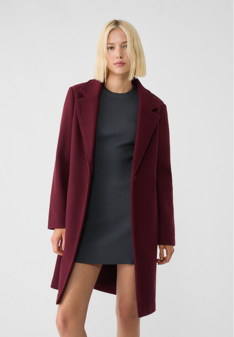 Stradivarius Palton Midi Moale La Atingere Cu Nasture Grena Xl