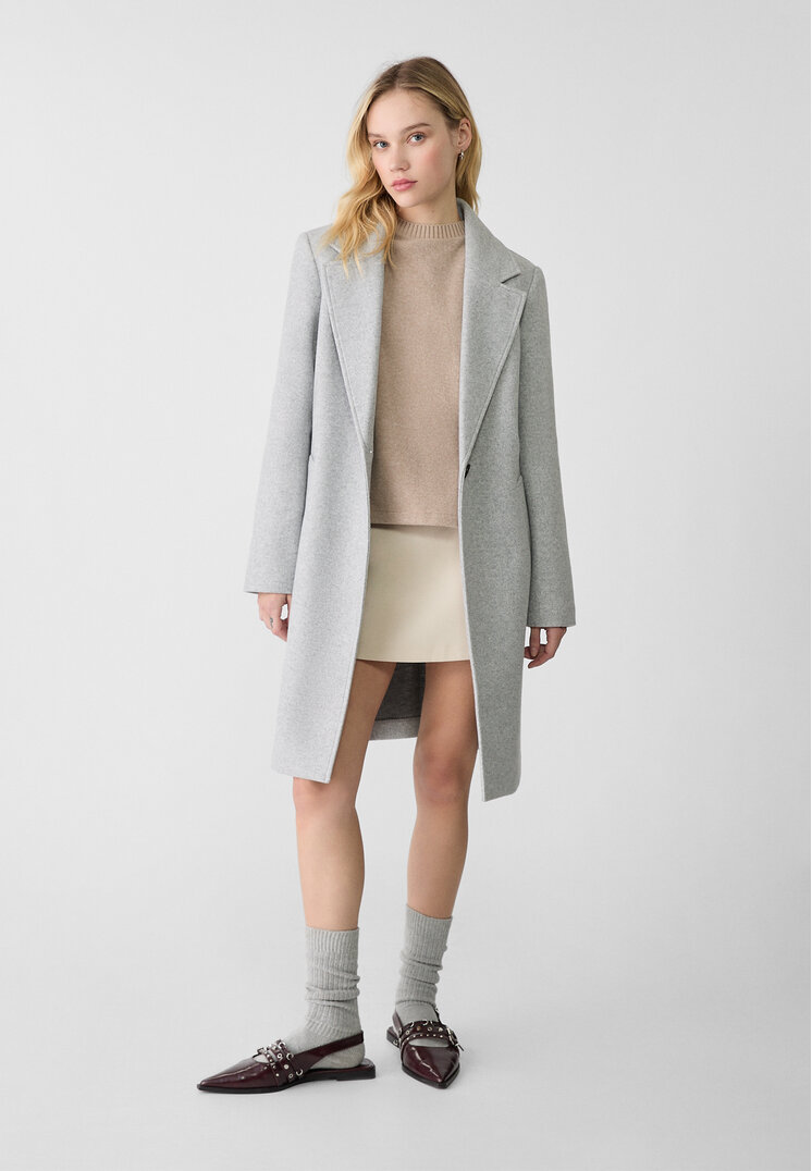 Stradivarius Cappotto midi con bottone in tessuto morbido  Grigio melangiato M