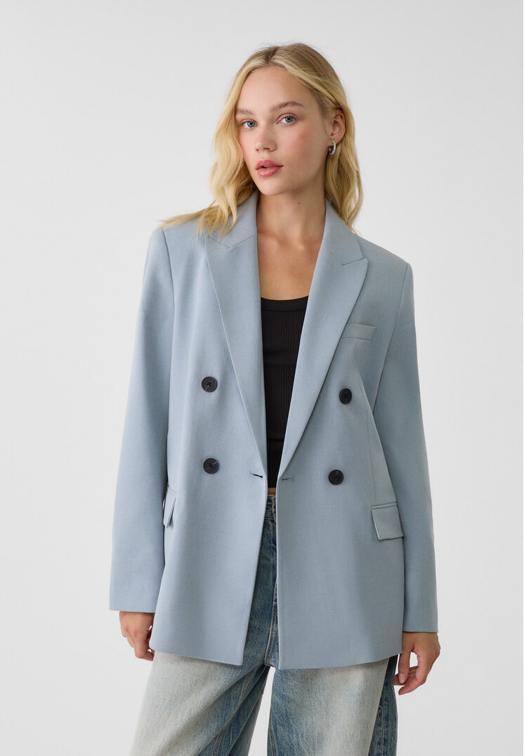 Stradivarius Blazer Petrecut Cu Nasturi Azuriu S