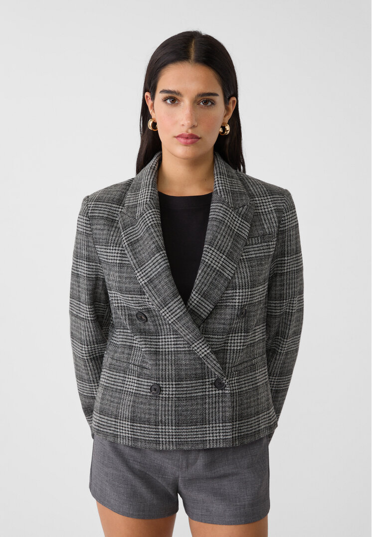 Stradivarius Blazer Cropped Petrecut În Carouri Gri Închis Xs