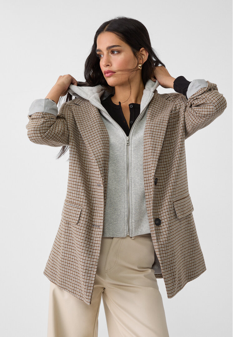 Stradivarius Blazer Lung Combinat Cu Glugă Bej Xl
