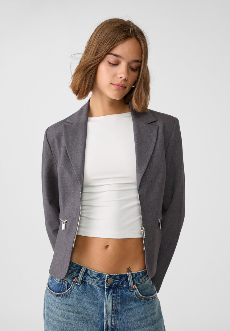 Stradivarius Blazer Cu Fermoar Gris Amestec Xs
