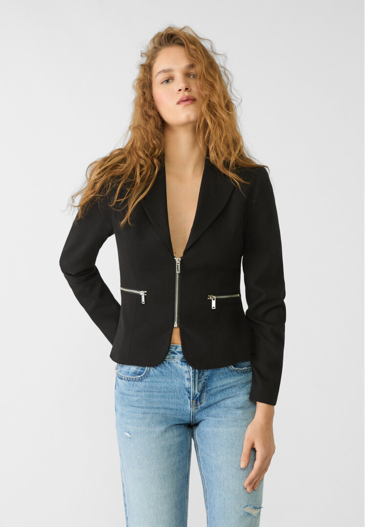 Stradivarius Blazer Regular Fit Fermoar Negru Xl