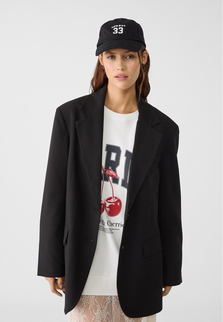 Stradivarius Blazer Oversize Cu Buzunare Negru L
