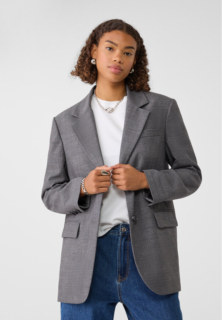 Stradivarius Blazer Oversize Cu Buzunare Gri Închis Xs