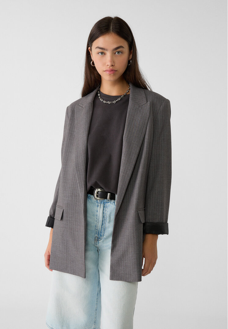 Stradivarius Blazer Deschis Vaporos În Dungi Gri Închis Xl