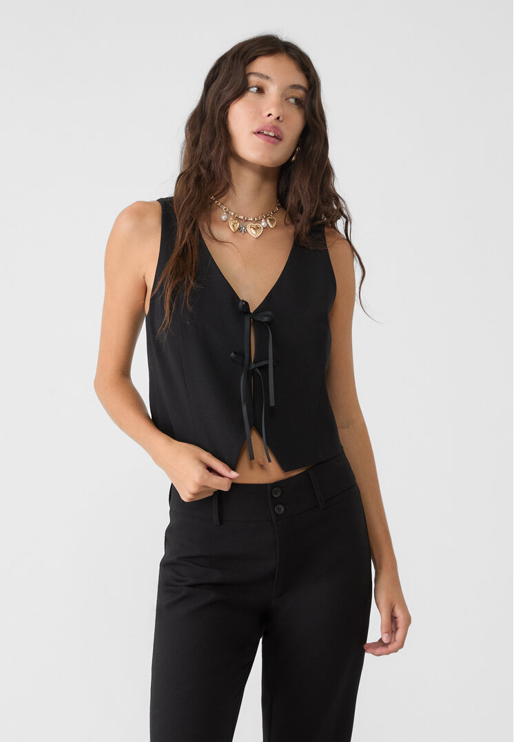 Stradivarius Rochie Scurtă Elegantă Cu Funde Negru L