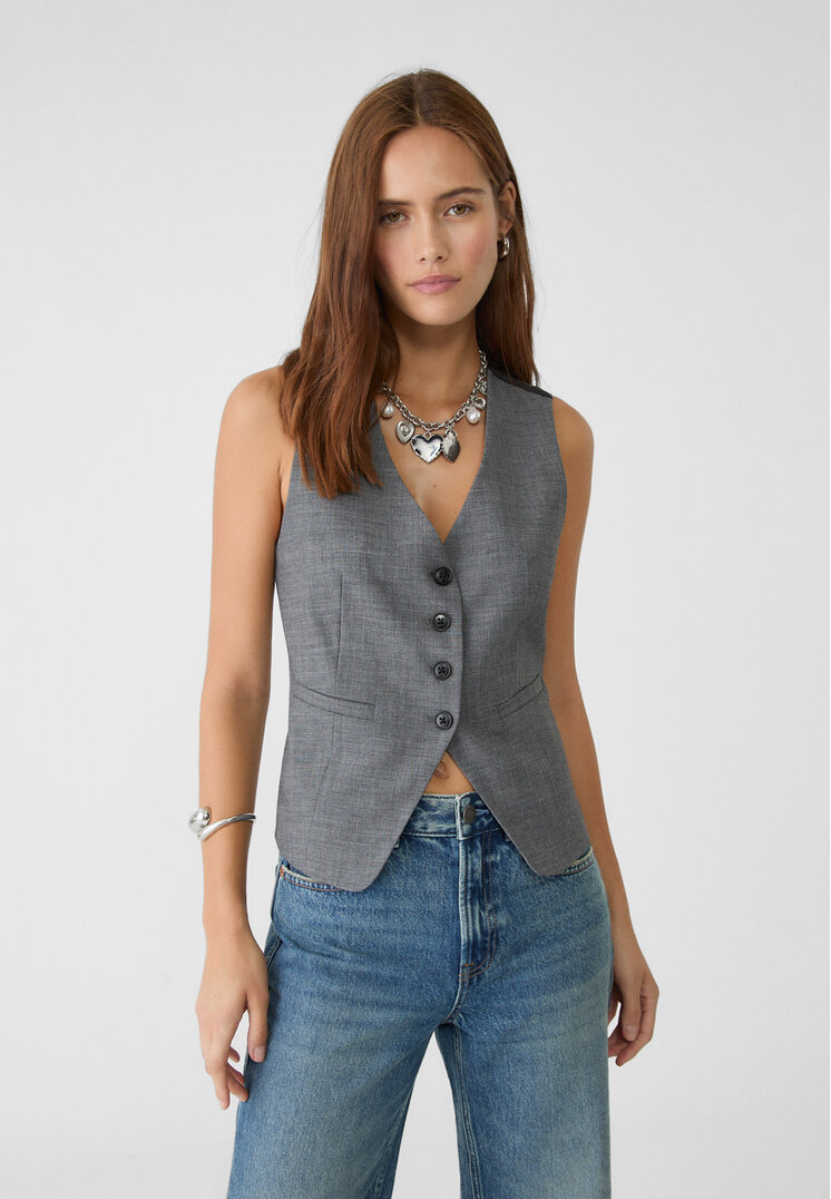 Stradivarius Vestă Cambrată Scurtă Combinată Gri Mediu M