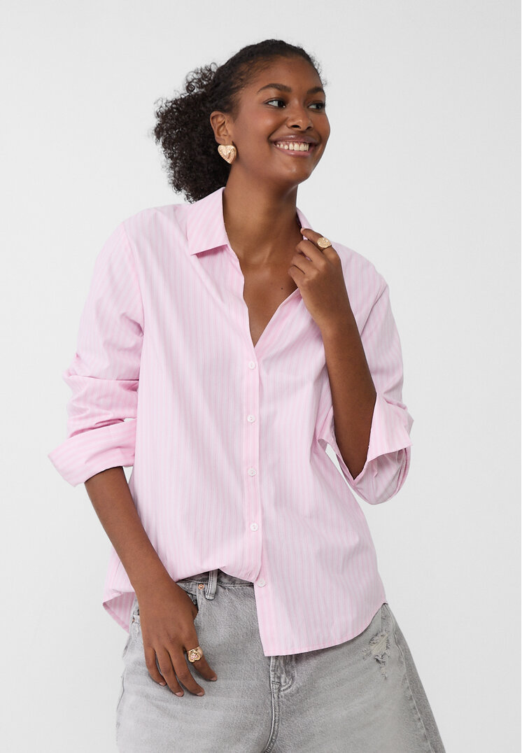 Stradivarius Cămașă Din Poplin În Dungi Roz Pastel L