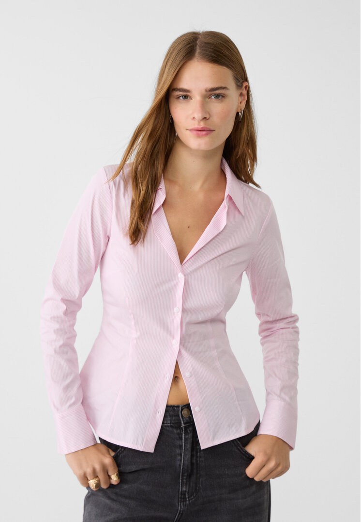 Stradivarius Cămașă Simplă Fitted Cu Dungi Roz Pastel Xs