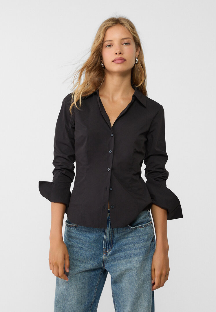 Stradivarius Cămașă Simplă Fitted Negru S