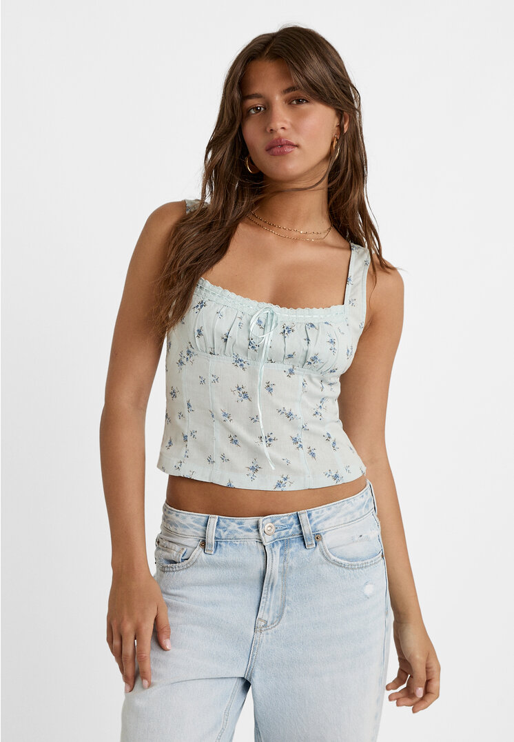 Stradivarius Top Imprimat Cu Bretele Și Margine Din Dantelă Azuriu L