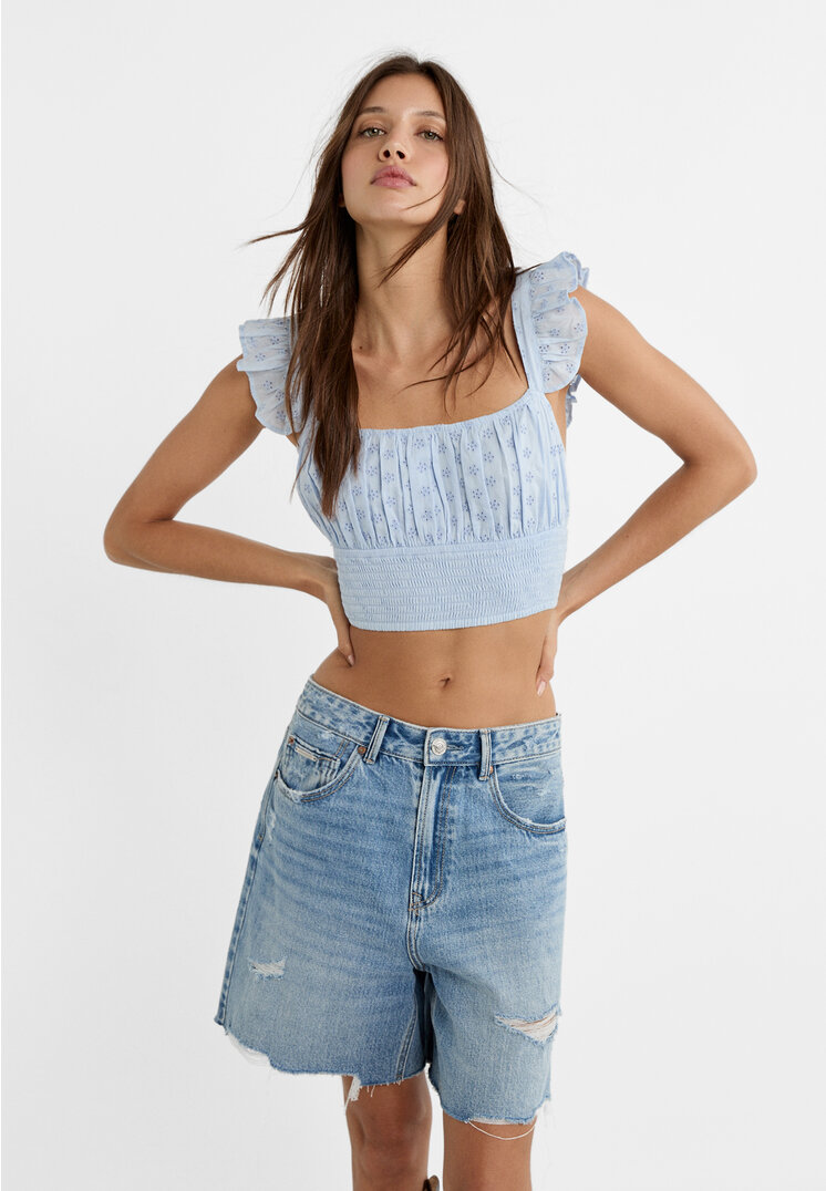 Stradivarius Top Scurt Cu Broderie Și Bretele Azuriu M