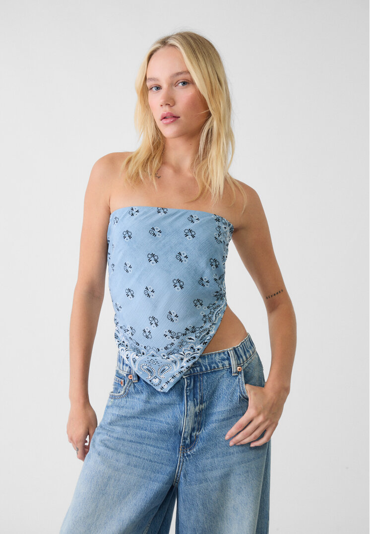 Stradivarius Top Bustieră Tip Eșarfă Cu Imprimeu Azuriu Xs