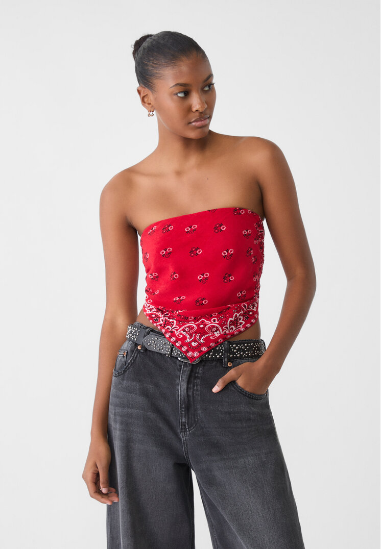 Stradivarius Top Bustieră Tip Eșarfă Cu Imprimeu Roșu Xs