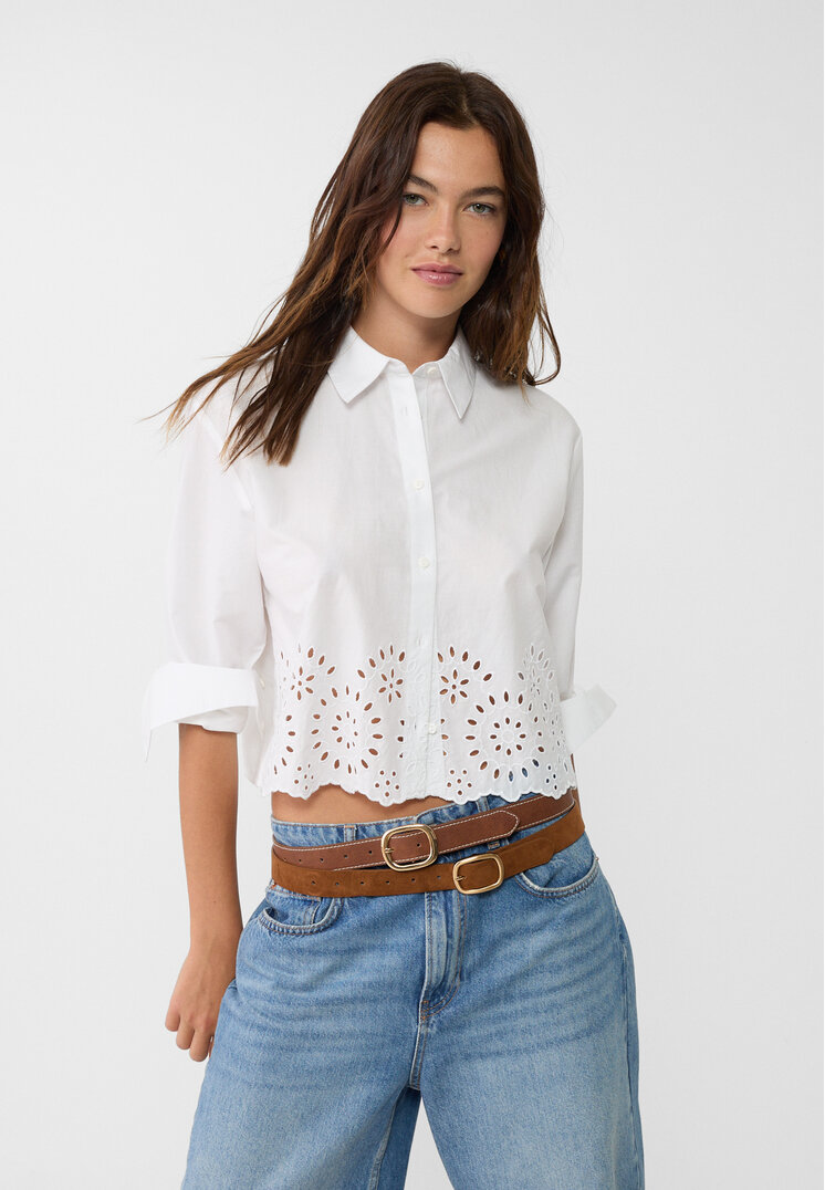 Stradivarius Cămașă Scurtă Din Poplin Cu Broderii Alb L
