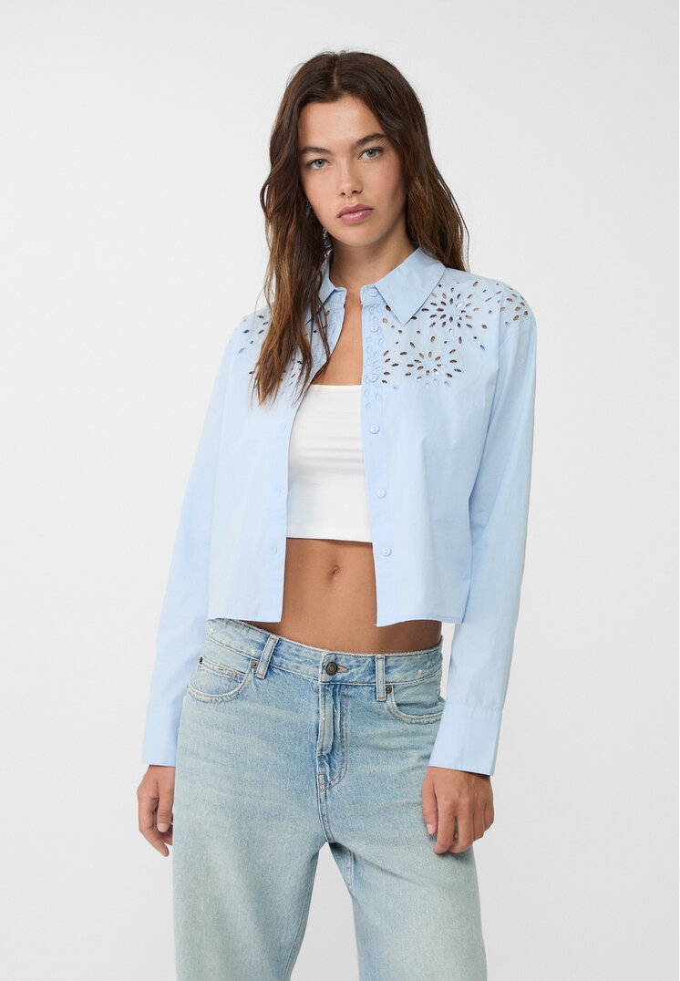 Stradivarius Cămașă Scurtă Din Poplin Cu Broderii Azuriu Xs