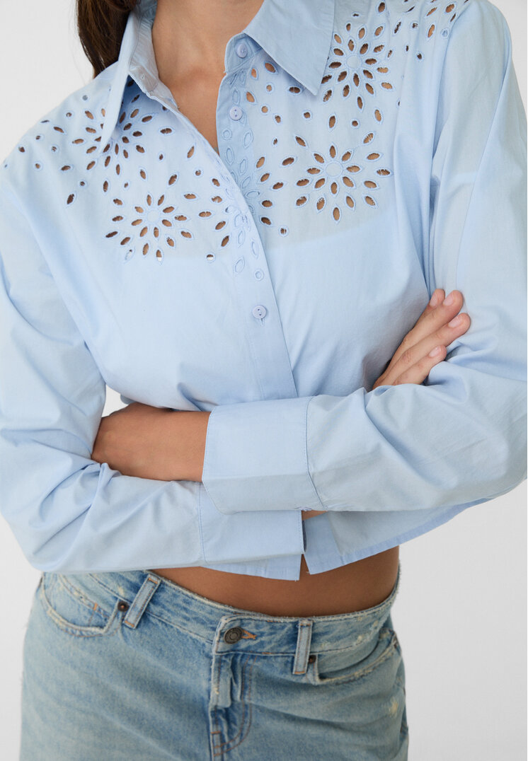 Stradivarius Embroidered poplin cropped shirt Sky blue XL Recommend